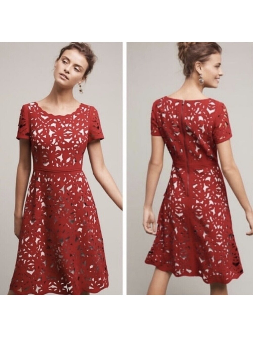 Moulinette Soeurs Anthropologie Red Laser Cut Out Fit N Flare Dress Size 6